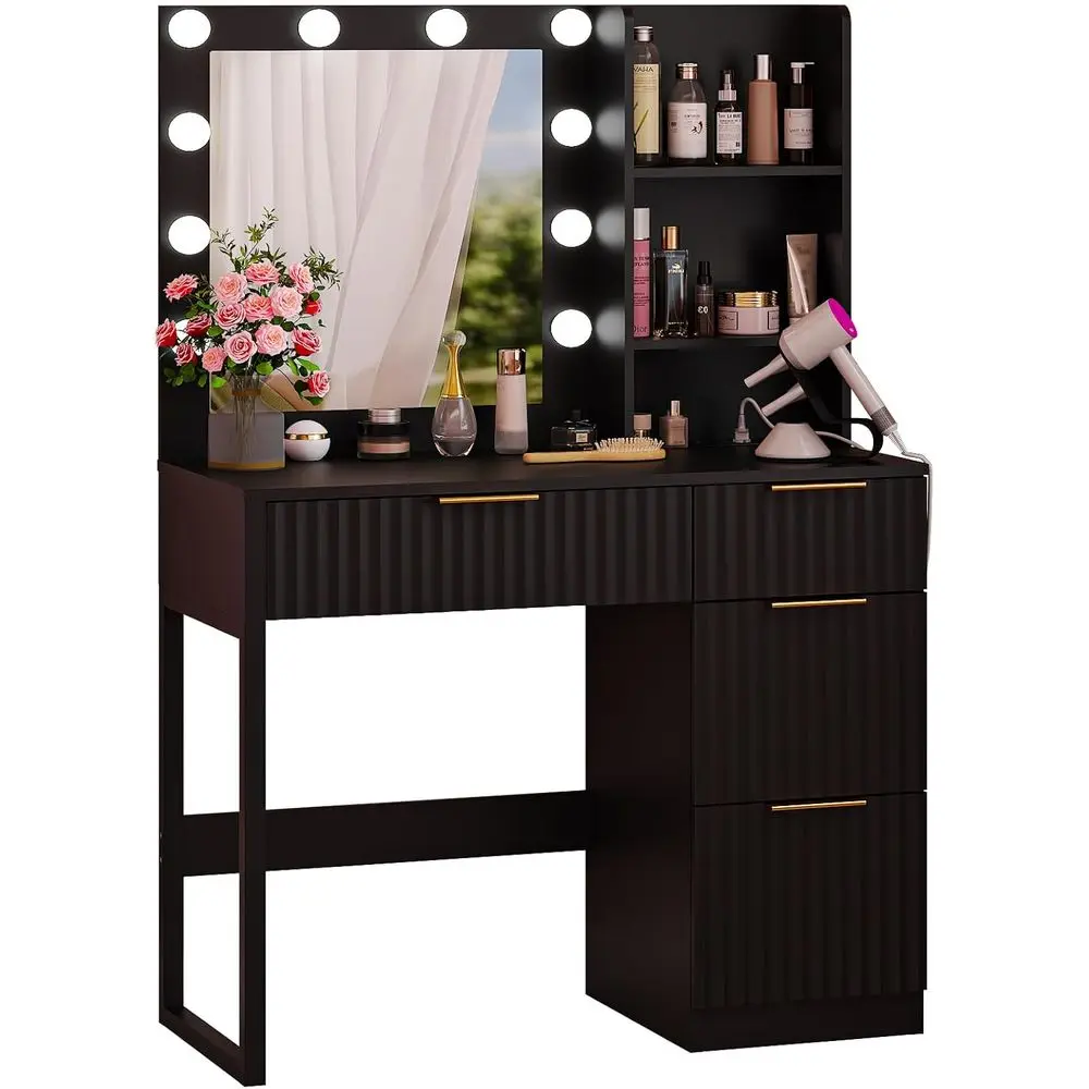 VINGLI 34in luted Makeup Vanity Desk with Mirror & Lights & Power Outlet, Small Vanity Table w/ 4 Ders & 2 Storage Shelves,Black
VINGLI 34in luted Makeup Vanity Desk with Mirror & Lights & Power Outlet, Small Vanity Table w/ 4 Ders & 2 Storage Shelves,Black
