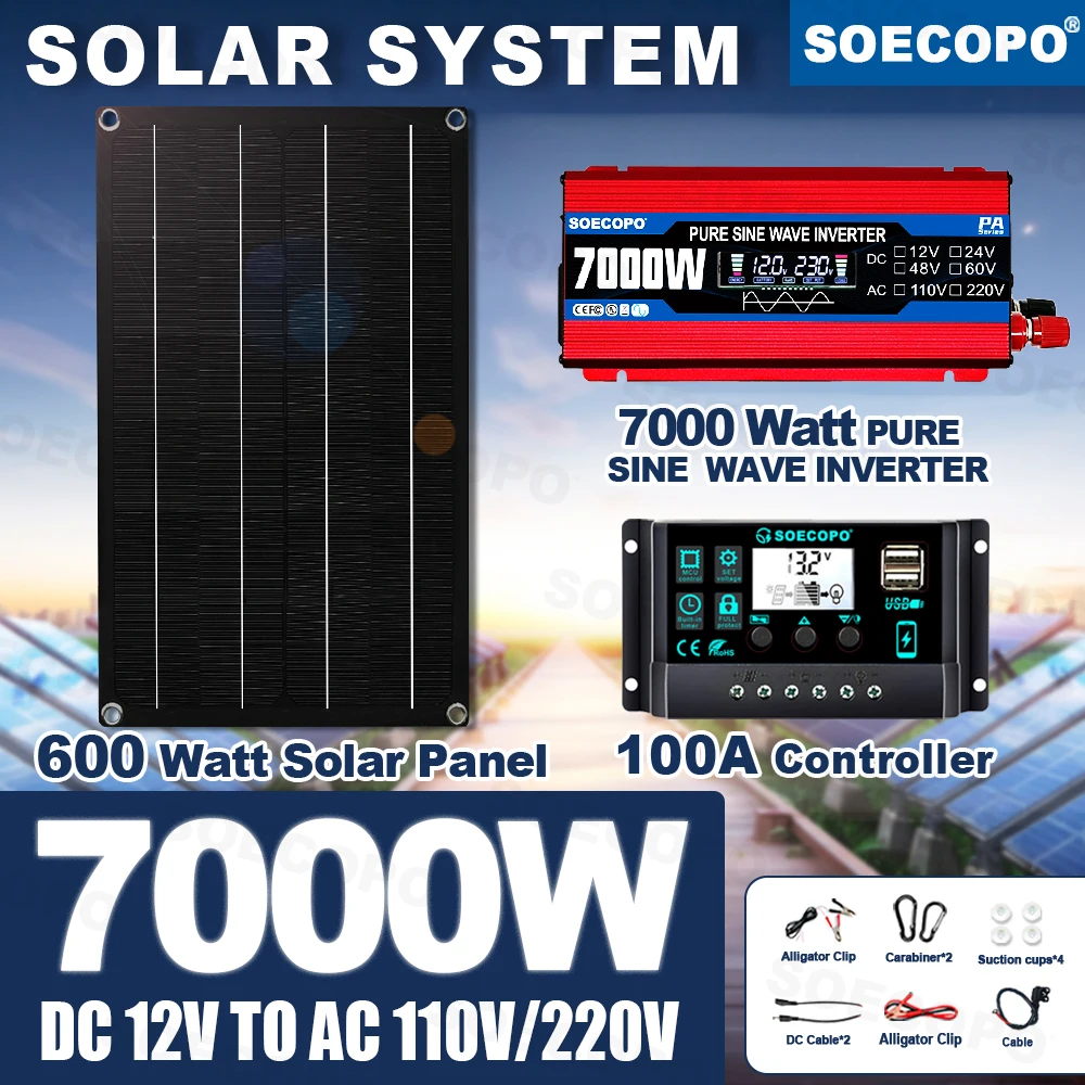 Pure Sine Wave Inverter 7000W Peak Solar System Kit 12V To 110V220V 600W Panel 100A Controller Generator for Farm Use boat truck
Pure Sine Wave Inverter 7000W Peak Solar System Kit 12V To 110V220V 600W Panel 100A Controller Generator for Farm Use boat truck