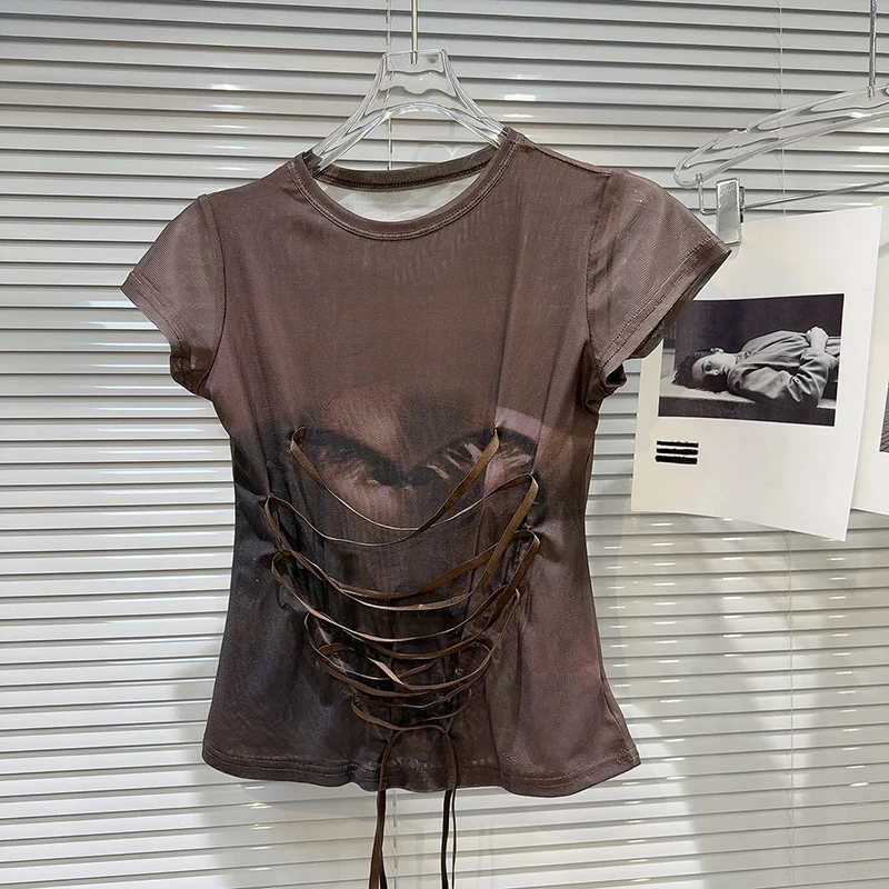 Women Versatile O-neck Slim Fit Short Sleeve Tops 2025 Summer New Fashion Strap Mesh Printed Unique and Niche T-shirt
Women Versatile O-neck Slim Fit Short Sleeve Tops 2025 Summer New Fashion Strap Mesh Printed Unique and Niche T-shirt