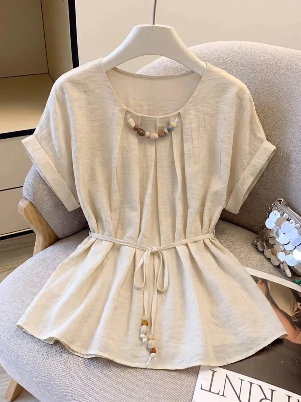 Beading Bohemian Style Women's Short Sleeve Shirt Waist Cinched Summer New plus Size Korean Version Loose Fit round Neck
Beading Bohemian Style Women's Short Sleeve Shirt Waist Cinched Summer New plus Size Korean Version Loose Fit round Neck