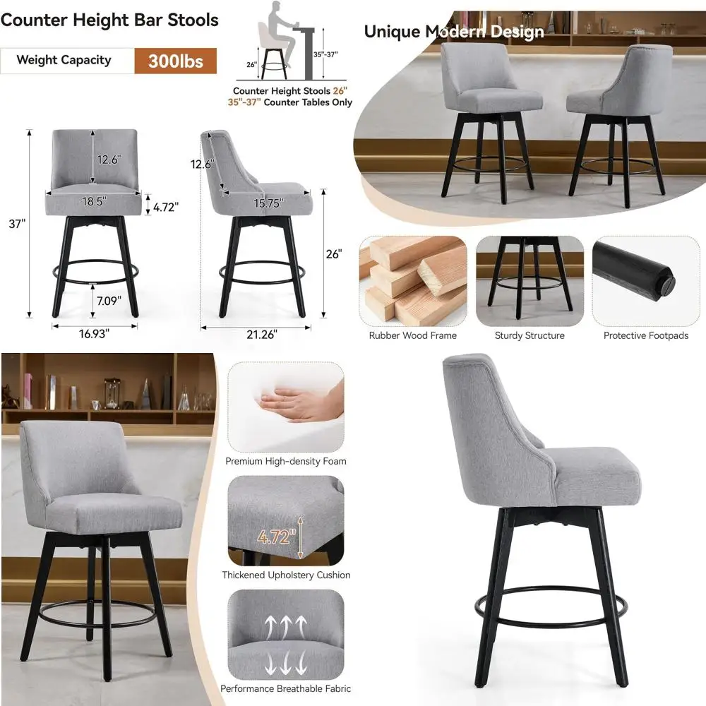 Set of 2 26 Swivel Bar Stools with Linen Upholstery, Backs, and Solid Wood Legs for Kitchen Island or Dining Room, Light Grey
Set of 2 26 Swivel Bar Stools with Linen Upholstery, Backs, and Solid Wood Legs for Kitchen Island or Dining Room, Light Grey
