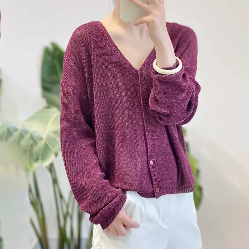Women's Autumn V Neck Knitted Cardigan Casual Versatile Long-Sleeved Single-Breasted Japanese Paper Yarn Custom-Dyed Top
Women's Autumn V Neck Knitted Cardigan Casual Versatile Long-Sleeved Single-Breasted Japanese Paper Yarn Custom-Dyed Top