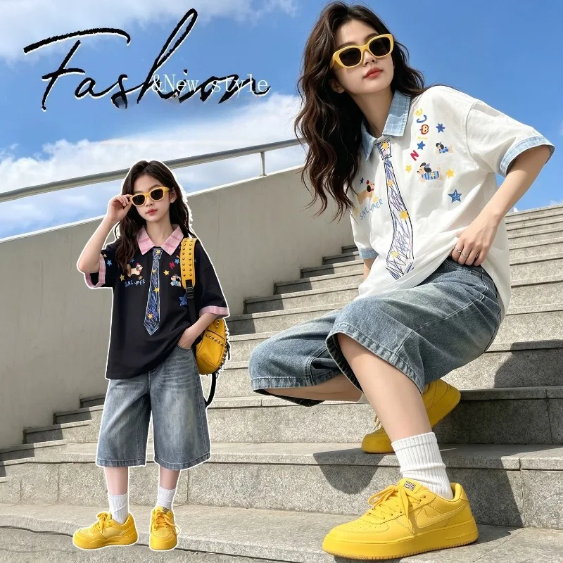 Children Clothes Girls Summer Cartoon Print Short Sleeve T Shirt and Wide Leg Capri Jeans Suit for 110-170cm 19-55kg Age5-17
Children Clothes Girls Summer Cartoon Print Short Sleeve T Shirt and Wide Leg Capri Jeans Suit for 110-170cm 19-55kg Age5-17