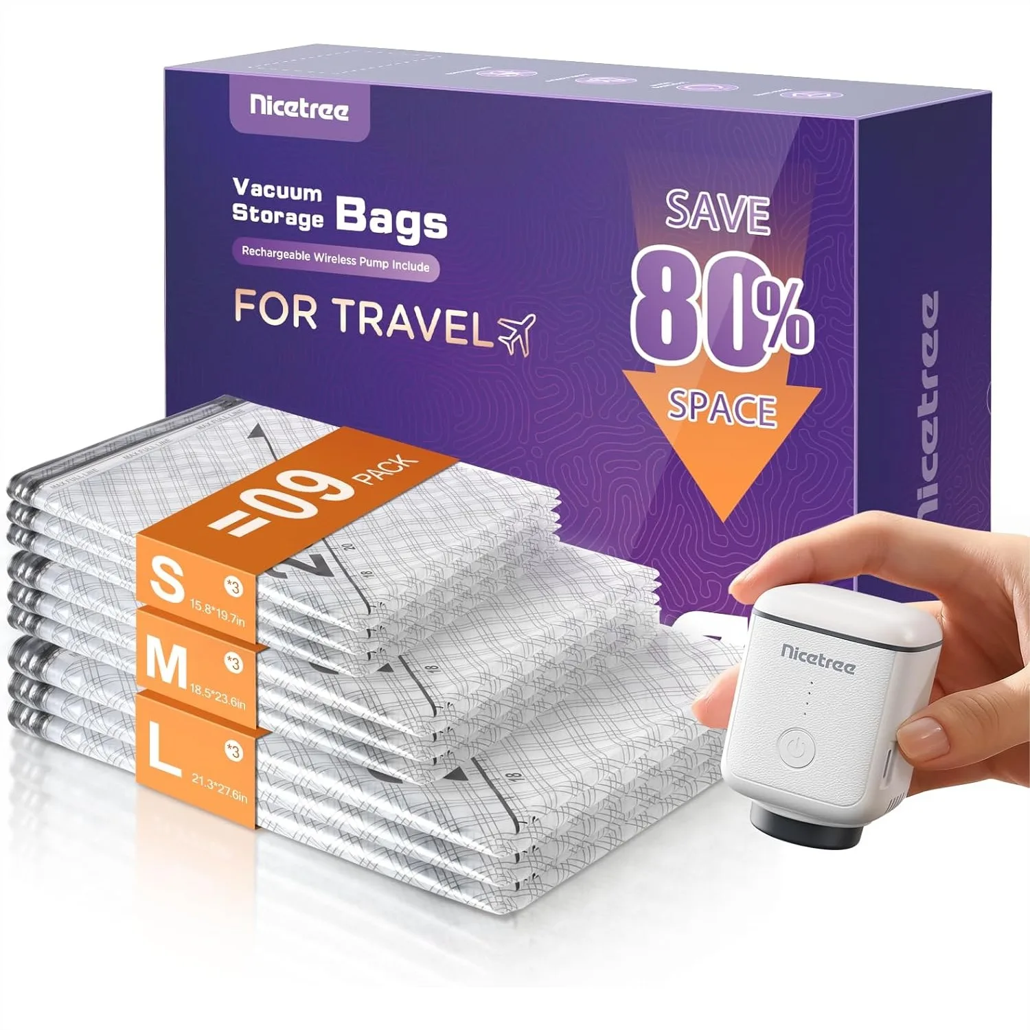 9-Pack Vacuum Storage Bags with Rechargeable Wireless Pump, 3 Sizes for Clothing Bedding Travel
9-Pack Vacuum Storage Bags with Rechargeable Wireless Pump, 3 Sizes for Clothing Bedding Travel