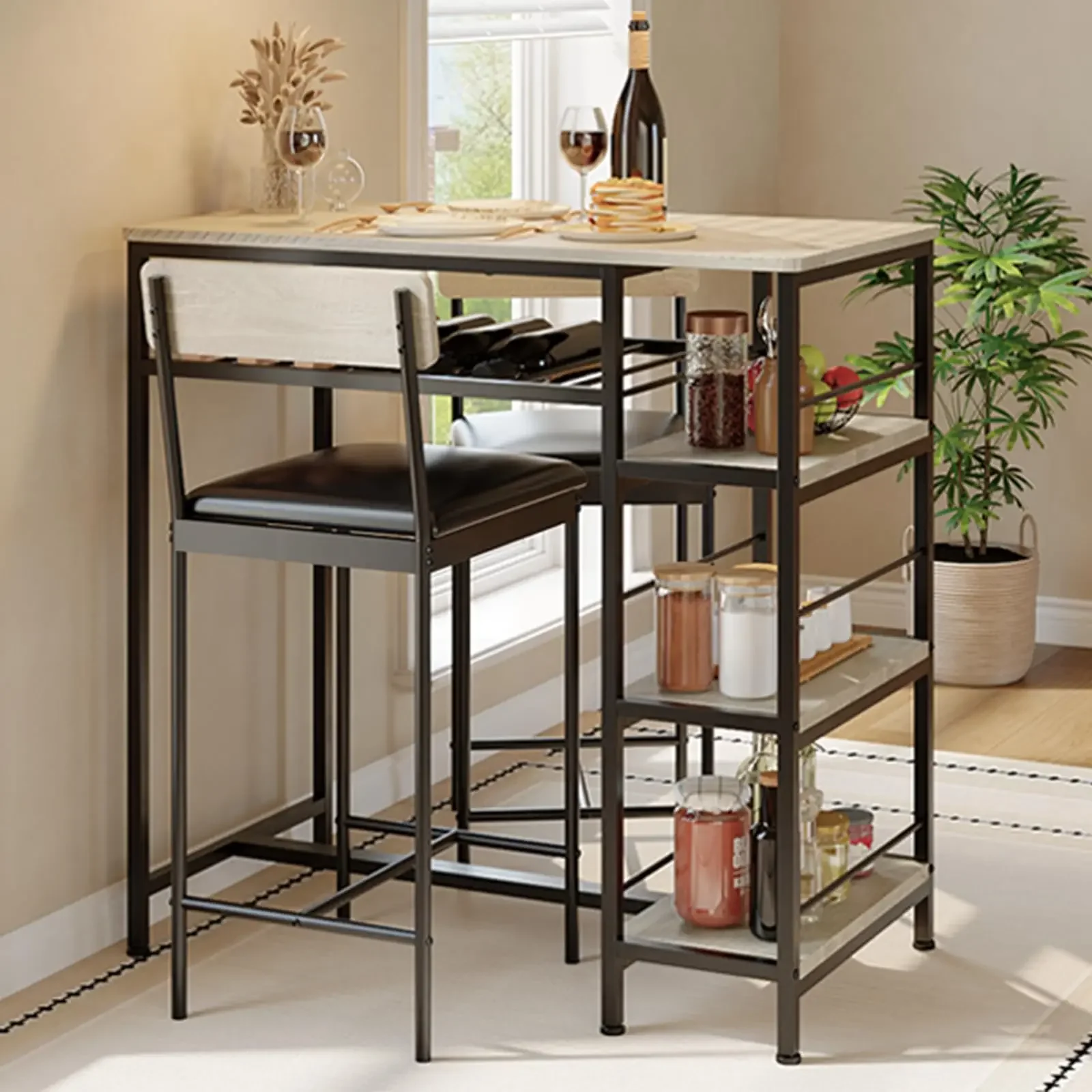 3-Piece Modern Dining Set, Dining Table With 2 Upholstered Bar Stools, Bar Table With Metal Frame And Built-In Wine Rack For
3-Piece Modern Dining Set, Dining Table With 2 Upholstered Bar Stools, Bar Table With Metal Frame And Built-In Wine Rack For
