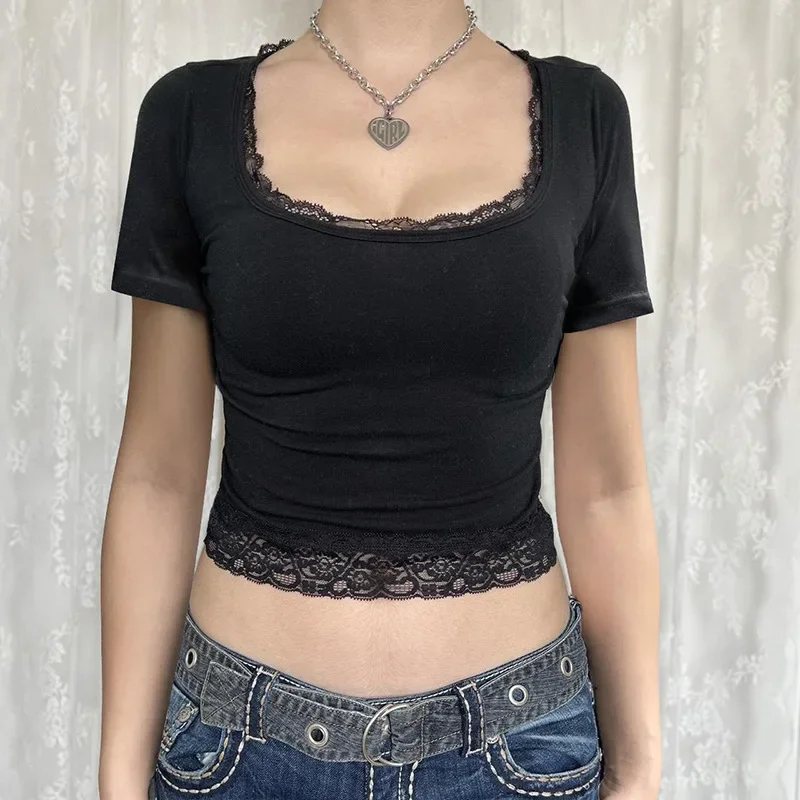 Y2k Summer Women Solid Color Square Collar Short Sleeve T Shirt Fairycore Lace Trim Crop Top 2000s Clothes Streetwear
Y2k Summer Women Solid Color Square Collar Short Sleeve T Shirt Fairycore Lace Trim Crop Top 2000s Clothes Streetwear
