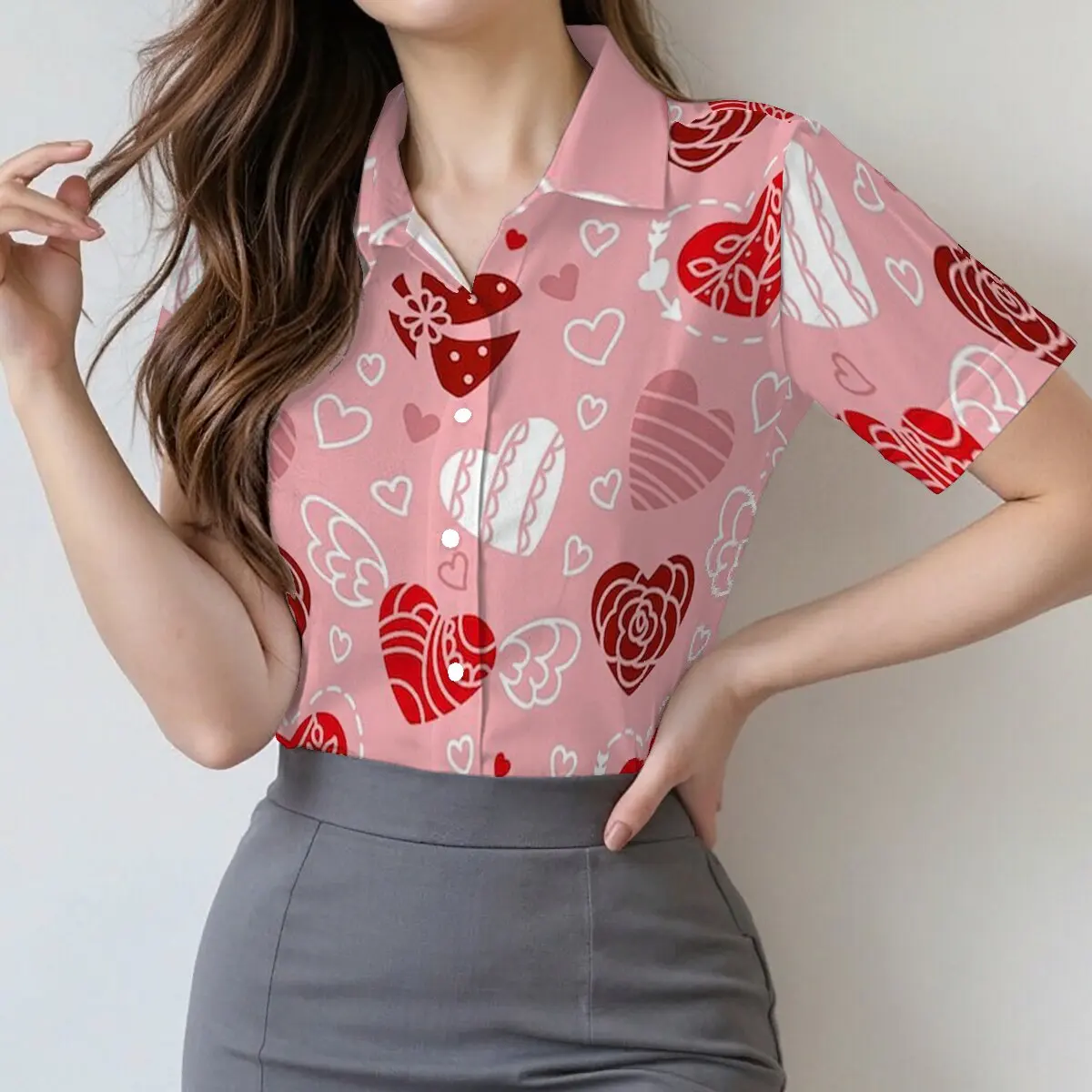Summer sweet heart-pattern women's shirt, mysterious, romantic and youthful vitality, suitable for campus, casual wear, street
Summer sweet heart-pattern women's shirt, mysterious, romantic and youthful vitality, suitable for campus, casual wear, street