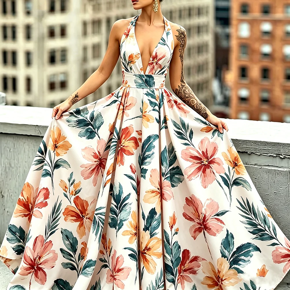 Women's Summer Floral Print Dress Halter Deep V Sleeveless High Waist Flared Hem Maxi Dress Summer Vacation Beach Casual Gown
Women's Summer Floral Print Dress Halter Deep V Sleeveless High Waist Flared Hem Maxi Dress Summer Vacation Beach Casual Gown