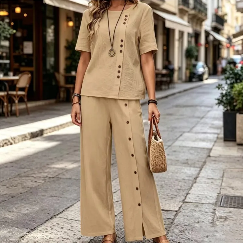 Women's Cotton Linen Fashion Casual Two-piece Short-sleeve Top Buttoned Loose Straight Wide-leg Pants For Women Trouser Clothing
Women's Cotton Linen Fashion Casual Two-piece Short-sleeve Top Buttoned Loose Straight Wide-leg Pants For Women Trouser Clothing