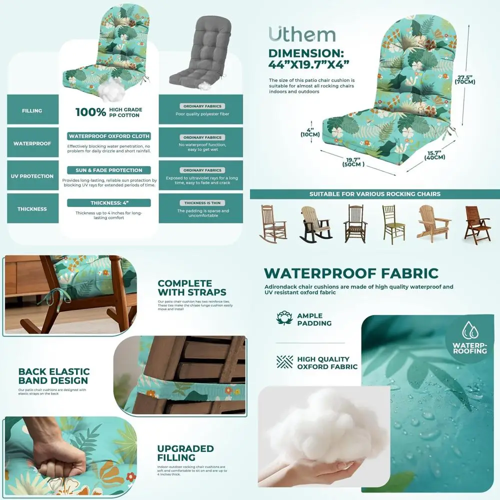 Waterproof Outdoor Adirondack Chair Cushions, 44 High Back, Cyan Flower & Leaves Design with Ties
Waterproof Outdoor Adirondack Chair Cushions, 44 High Back, Cyan Flower & Leaves Design with Ties