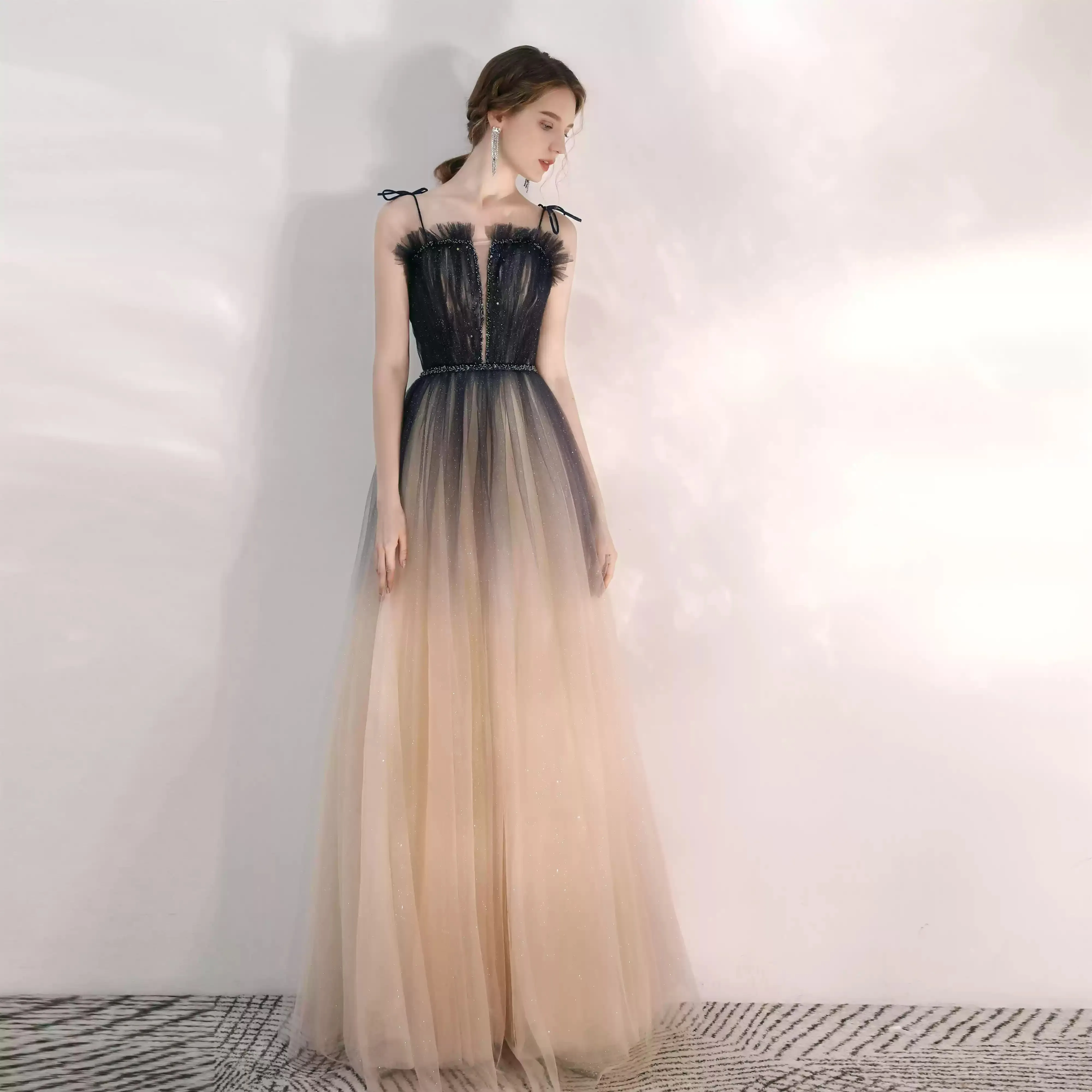Summer Evening Dress Long Prom Gowns with Beads Spaghetti Lace-up Back Party Dresses Black and light Brown
Summer Evening Dress Long Prom Gowns with Beads Spaghetti Lace-up Back Party Dresses Black and light Brown