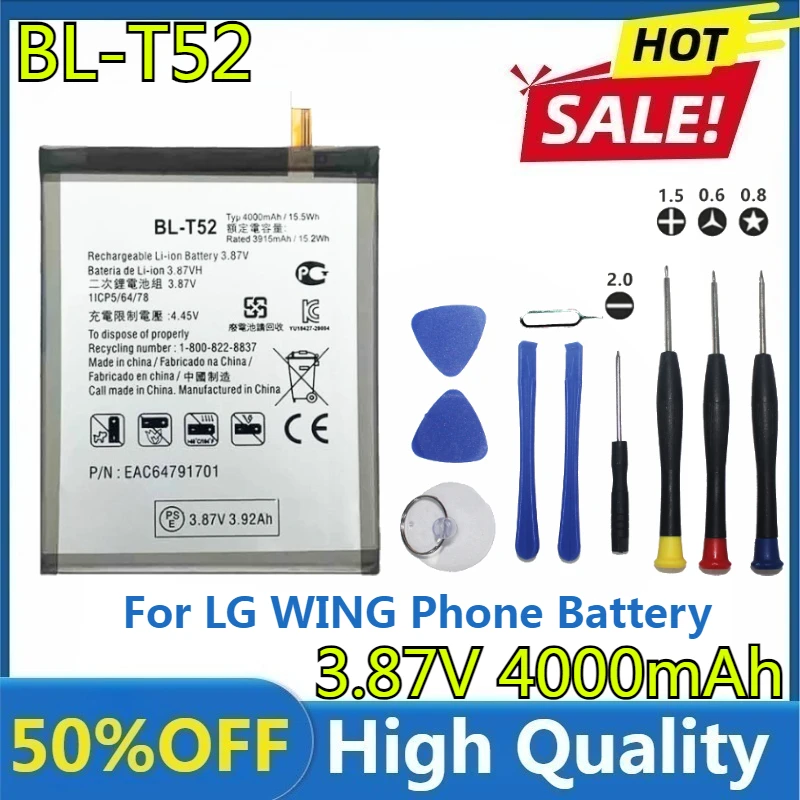 New High Quality Replaceable BL-T52 3.8V 4000mAh High Quality BL-T52 Battery for LG WING Phone Battery+Tools
New High Quality Replaceable BL-T52 3.8V 4000mAh High Quality BL-T52 Battery for LG WING Phone Battery+Tools