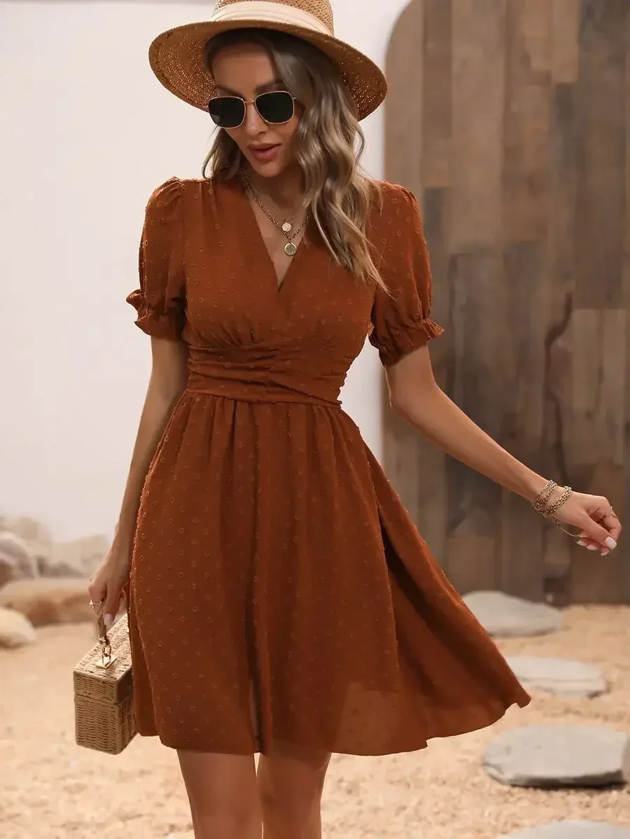 Brown Swiss Dot Puff Sleeve V-Neck A-Line Mini Dress
Brown Swiss Dot Puff Sleeve V-Neck A-Line Mini Dress