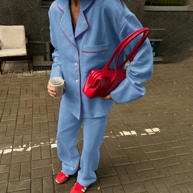 Autumn Fashion Loose Blue Cotton Women's Two Pieces Set Elegant Long Sleeve Shirt With High Waist Wide Pants Set Female
Autumn Fashion Loose Blue Cotton Women's Two Pieces Set Elegant Long Sleeve Shirt With High Waist Wide Pants Set Female