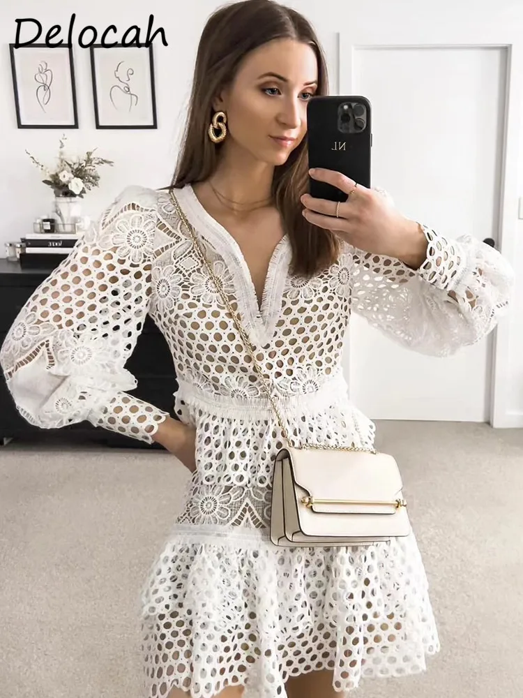 Delocah High Quality Summer Women Fashion Designer Mini Dresses Vintage Solid Color Lace V-Neck Hollow Out Ruffles A-LINE Dress
Delocah High Quality Summer Women Fashion Designer Mini Dresses Vintage Solid Color Lace V-Neck Hollow Out Ruffles A-LINE Dress
