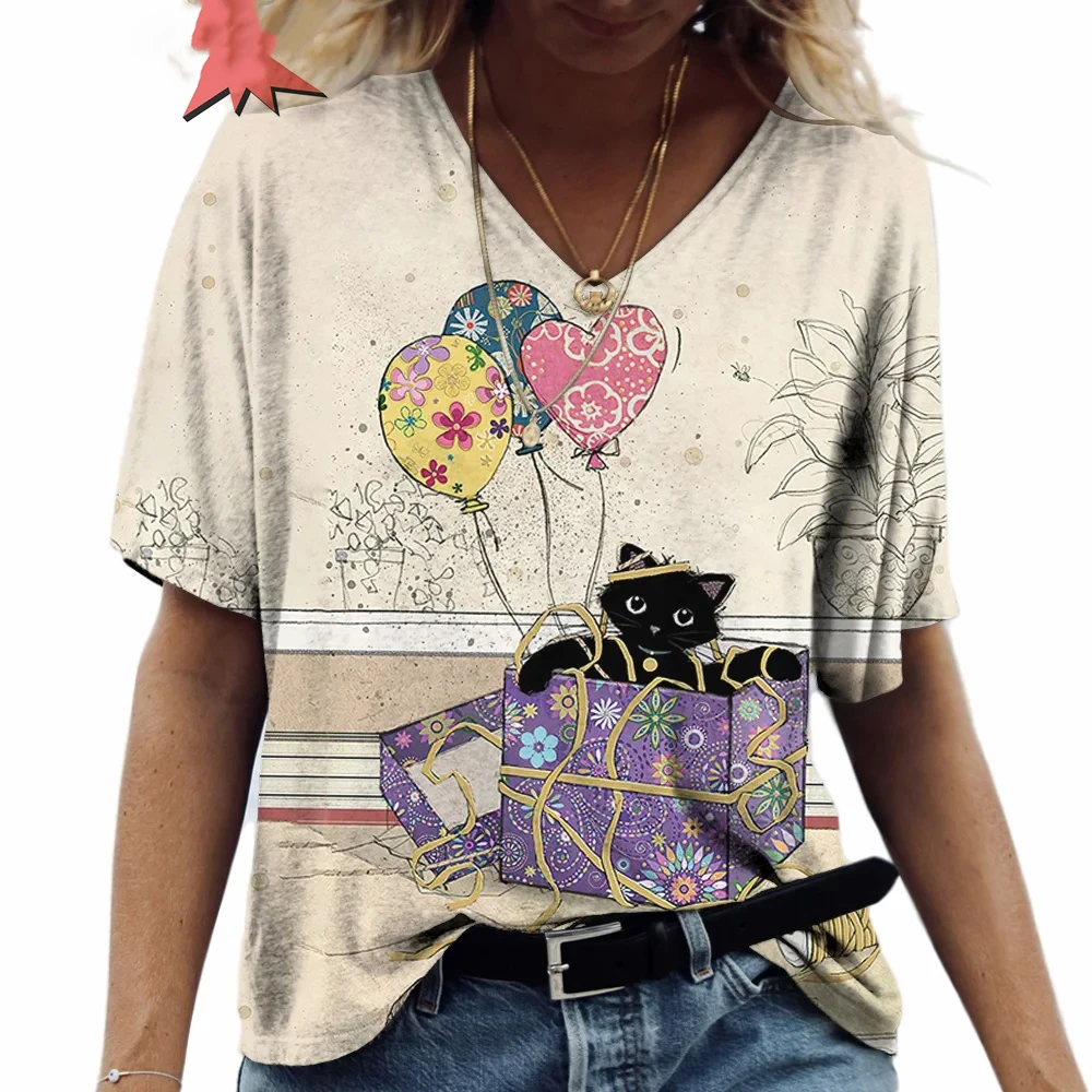 Women's T-shirt Cartoon Cat Print Summer Short Sleeve V-Neck Kawaii Fashion Casual Tee Shirts With Cat Funny Femininity Clothing
Women's T-shirt Cartoon Cat Print Summer Short Sleeve V-Neck Kawaii Fashion Casual Tee Shirts With Cat Funny Femininity Clothing