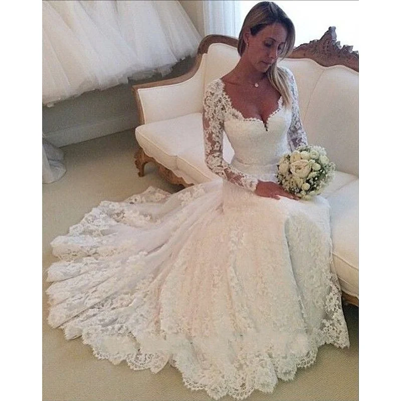 Vintage Lace Long Sleeves Wedding Dresses A-line Sweetheart Lace Up Back Bridal Gowns
Vintage Lace Long Sleeves Wedding Dresses A-line Sweetheart Lace Up Back Bridal Gowns