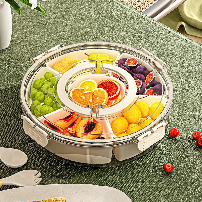 With Handle Six Division Rotating Fruit Tray Sealed Moisture-Proof Dry Fruit Tray Portable Modern Round Snack Box With Lid Tray
With Handle Six Division Rotating Fruit Tray Sealed Moisture-Proof Dry Fruit Tray Portable Modern Round Snack Box With Lid Tray