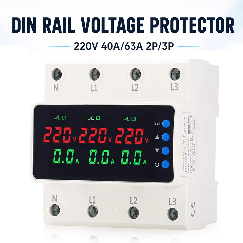 Din Rail Self-recovery OV UV Voltage Protector 2P 3P 40A 63A 220V AC Digital Display RV Over Under Voltage Protection Device
Din Rail Self-recovery OV UV Voltage Protector 2P 3P 40A 63A 220V AC Digital Display RV Over Under Voltage Protection Device