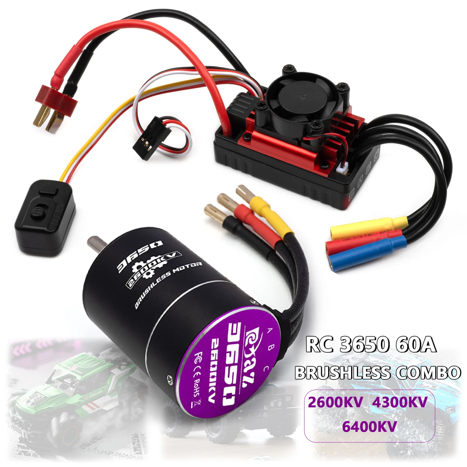 RC Waterproof 60A Brushless ESC 3650 Brushless Motor Combo 2600KV/4300KV/6400KV 2-3S LiPo Speed Controller Set For 1/10 RC Buggy Truck Monster Off Road Car Wltoys Traxxa HSP RC Vehicle Upgrade Power Parts With Cooling Fan T Plug
RC Waterproof 60A Brushless ESC 3650 Brushless Motor Combo 2600KV/4300KV/6400KV 2-3S LiPo Speed Controller Set For 1/10 RC Buggy Truck Monster Off Road Car Wltoys Traxxa HSP RC Vehicle Upgrade Power Parts With Cooling Fan T Plug