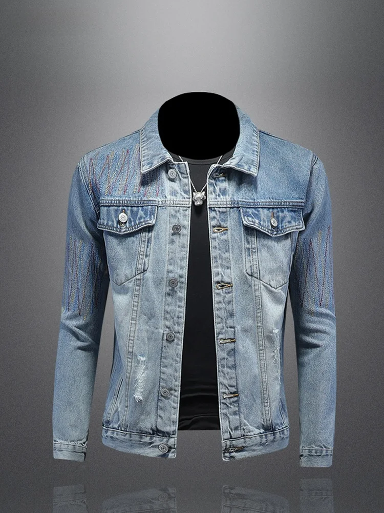 Vm Embroidered Ripped Denim Jaet Men's Faion Motorcycle Retro Workwear Top Youth Long Sve Button up Coat
Vm Embroidered Ripped Denim Jaet Men's Faion Motorcycle Retro Workwear Top Youth Long Sve Button up Coat
