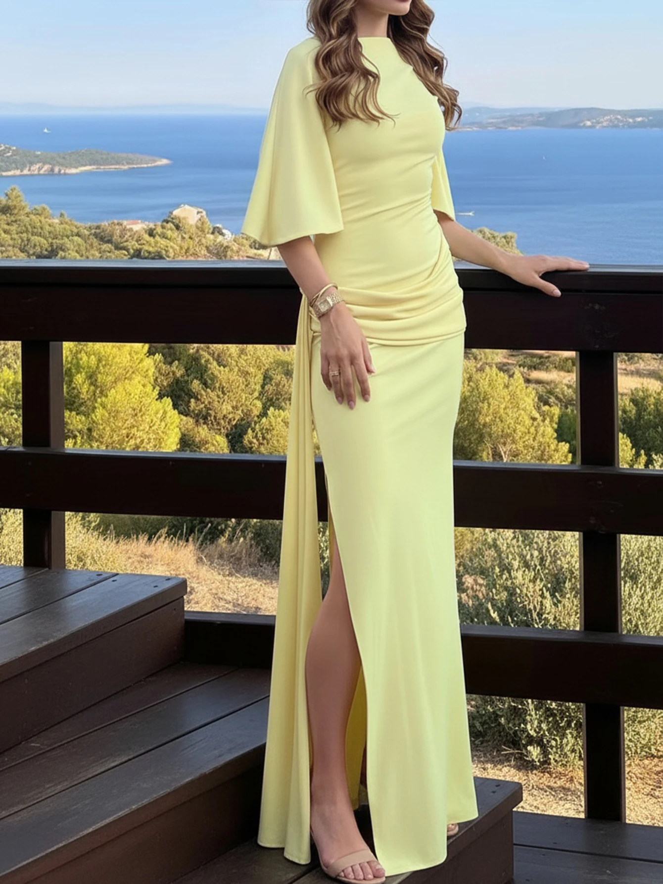 Women's Lemon Yellow Solid Maxi Dress with Bell Sleeves and Side Slit
Women's Lemon Yellow Solid Maxi Dress with Bell Sleeves and Side Slit