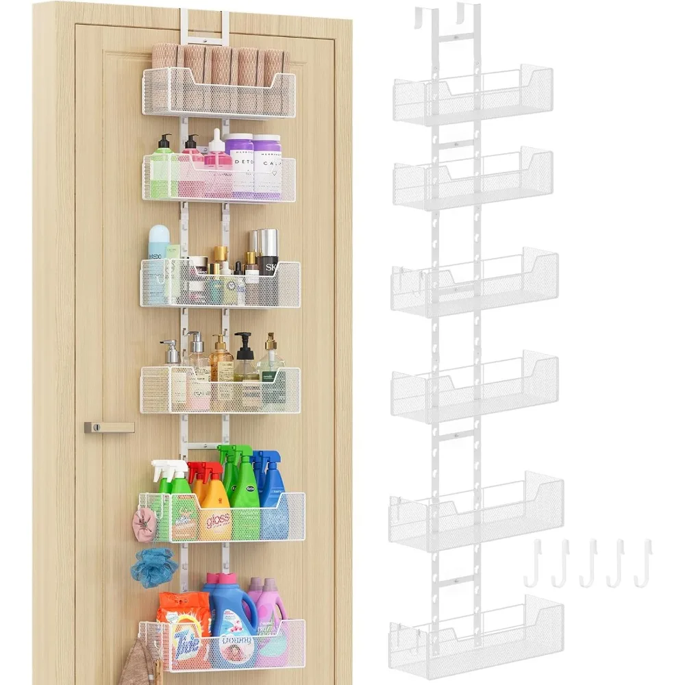 White Metal Over The Door Organizer with 6 Adjustable Baskets and 5 Hooks for Closet, Kitchen, Bathroom Storage
White Metal Over The Door Organizer with 6 Adjustable Baskets and 5 Hooks for Closet, Kitchen, Bathroom Storage