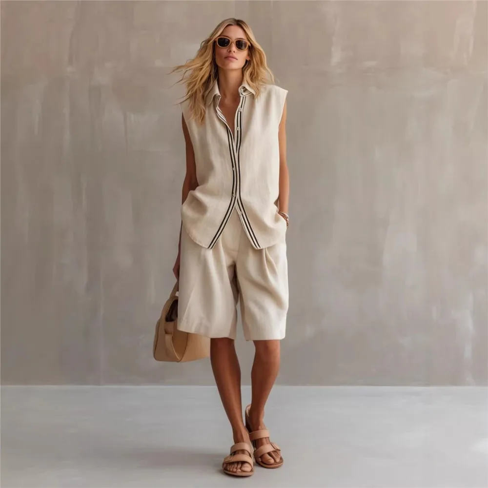 Single Breasted Sleeveless Top Shorts Two-piece Set Summer Women's Casual Fashion Women's Linen Shirt Shorts Set Conjuntos Mujer
Single Breasted Sleeveless Top Shorts Two-piece Set Summer Women's Casual Fashion Women's Linen Shirt Shorts Set Conjuntos Mujer