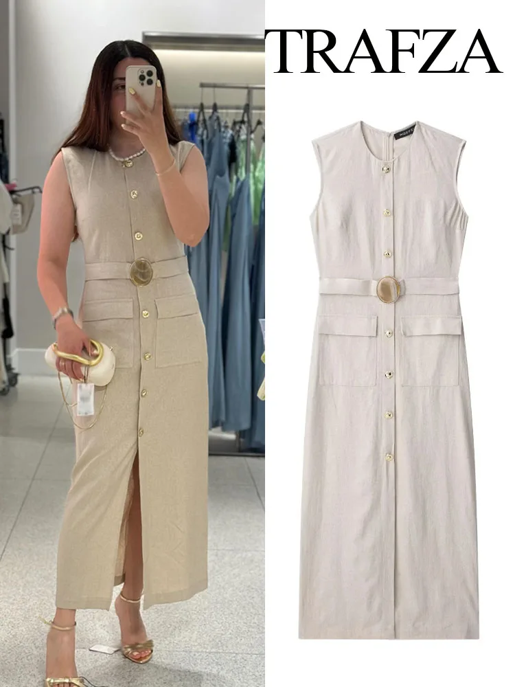 TRAFZA Women Summer New Round Neck Sleeveless Barrel Pocket Decorative Midi Dress Female Elegant Casual Long Straight Slim Dress
TRAFZA Women Summer New Round Neck Sleeveless Barrel Pocket Decorative Midi Dress Female Elegant Casual Long Straight Slim Dress