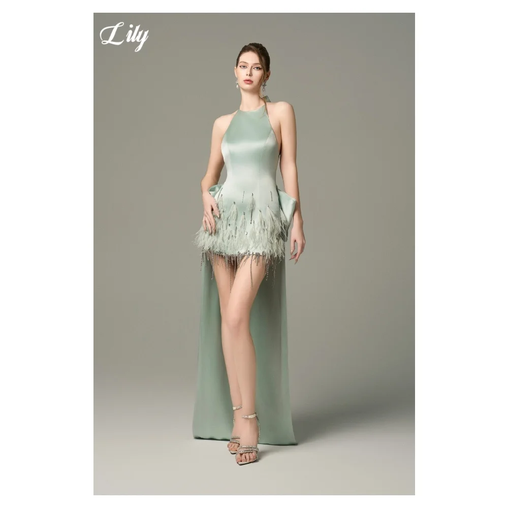 Lily Mint Green Halter Prom Dress Satin Evening Dress with Feather & Crystal Fringe Elegant Formal Party Gown Colors Customized
Lily Mint Green Halter Prom Dress Satin Evening Dress with Feather & Crystal Fringe Elegant Formal Party Gown Colors Customized