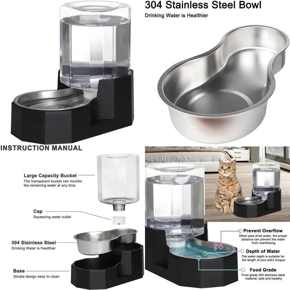 Gravity Water Bowl Dispenser : Automatic 5L Black Cat Stainless Steel Feeder Without Filters for Pets Indoor/Outdoor by Owners
Gravity Water Bowl Dispenser : Automatic 5L Black Cat Stainless Steel Feeder Without Filters for Pets Indoor/Outdoor by Owners