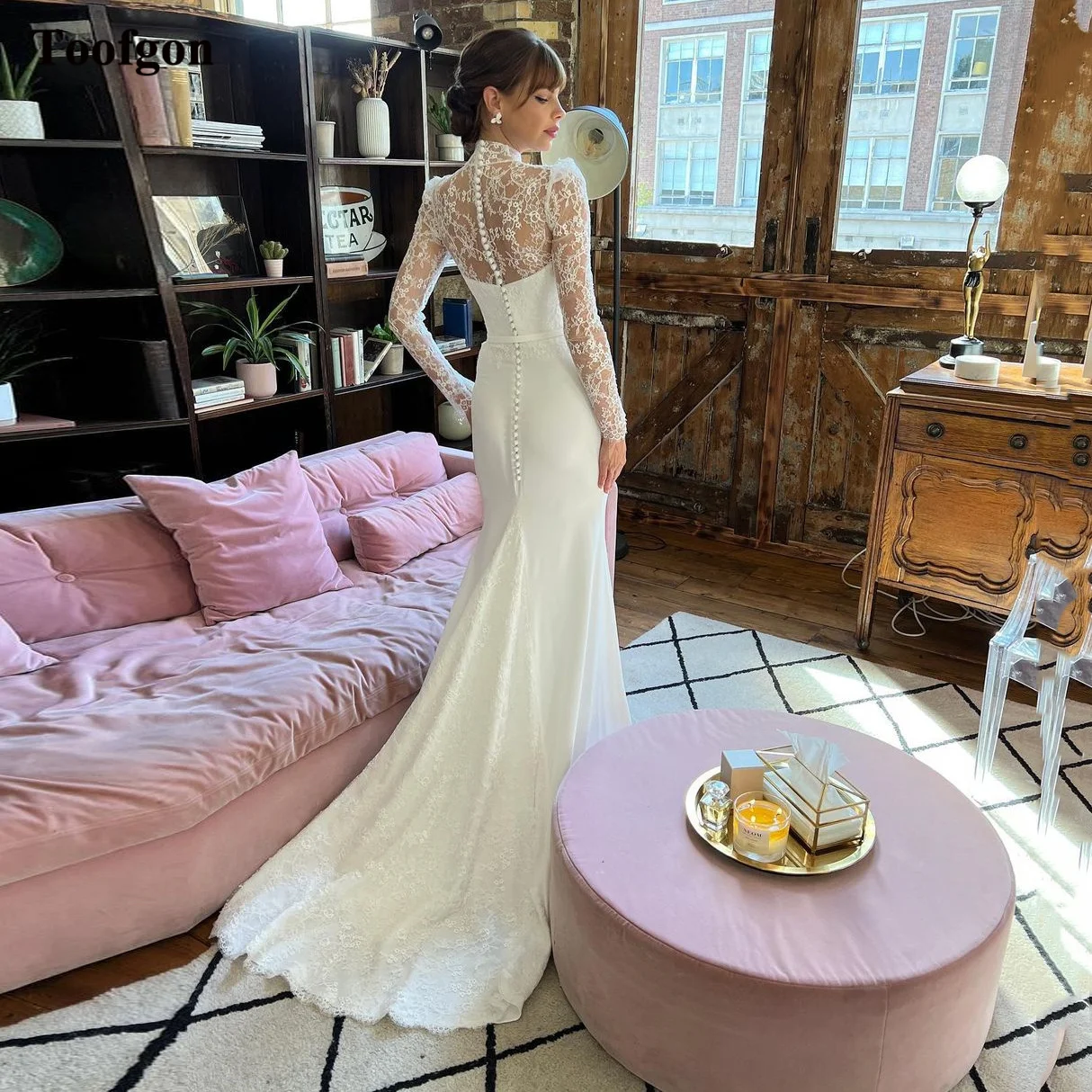 Toofgon Simple Mermaid Stretch Satin Wedding Dresses Lace High Neck Long Sleeves Buttons Sweep Train Bridal Gowns Custom Made
Toofgon Simple Mermaid Stretch Satin Wedding Dresses Lace High Neck Long Sleeves Buttons Sweep Train Bridal Gowns Custom Made