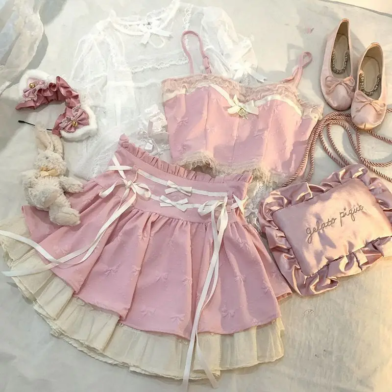 Sweet Girl Skirt Sets Summer New Lace Edge Crop Top Bow Camisole + Tie Up High Waisted Skirt Two Piece Sets Womens Outifits
Sweet Girl Skirt Sets Summer New Lace Edge Crop Top Bow Camisole + Tie Up High Waisted Skirt Two Piece Sets Womens Outifits