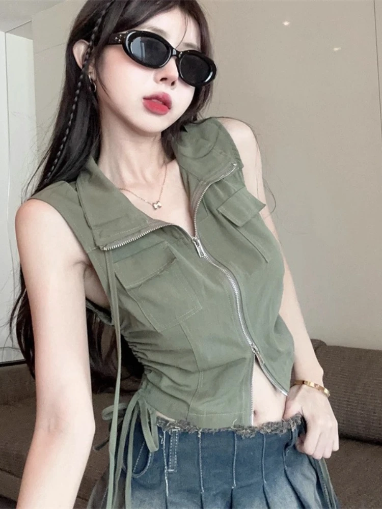 American Vintage Shirts Solid Color Draw String Pockets Zipper Crop Tops Sleeveless Blouses Summer Y2k Spicy Girl Women Clothing
American Vintage Shirts Solid Color Draw String Pockets Zipper Crop Tops Sleeveless Blouses Summer Y2k Spicy Girl Women Clothing