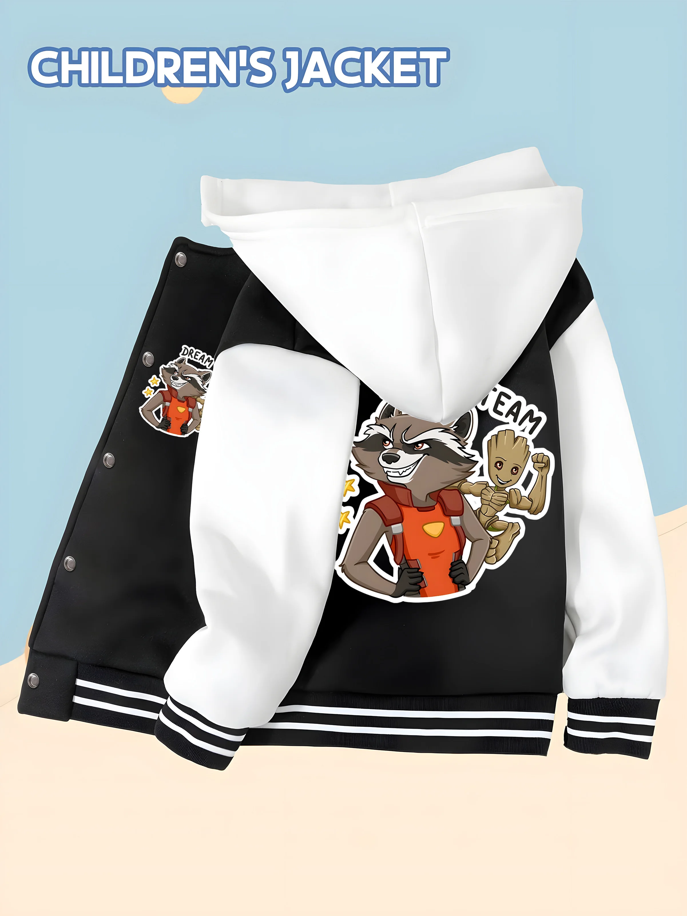 MINISO Baseball hooded Jacket - Rocket Raccoon and Groot double-sided pattern design, soft and comfortable fabric, fashionable a
MINISO Baseball hooded Jacket - Rocket Raccoon and Groot double-sided pattern design, soft and comfortable fabric, fashionable a