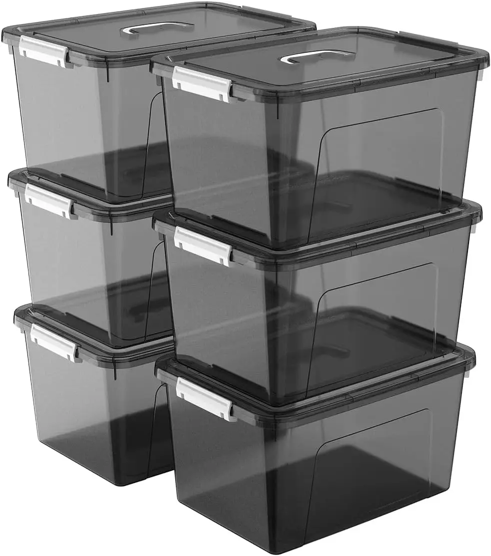 19 Quart Stackable Plastic Storage Bins with Lids, 6 Pack Clear Black Organizer Boxes with Secure Latches for Garage Tools
19 Quart Stackable Plastic Storage Bins with Lids, 6 Pack Clear Black Organizer Boxes with Secure Latches for Garage Tools