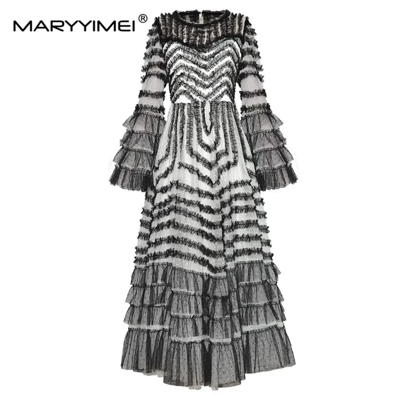 MARYYIMEI Fashion Designer Spring Autumn Women's dress Flare Sleeves Mesh Striped Cascading Ruffle Elegant Party Long Dresses
MARYYIMEI Fashion Designer Spring Autumn Women's dress Flare Sleeves Mesh Striped Cascading Ruffle Elegant Party Long Dresses