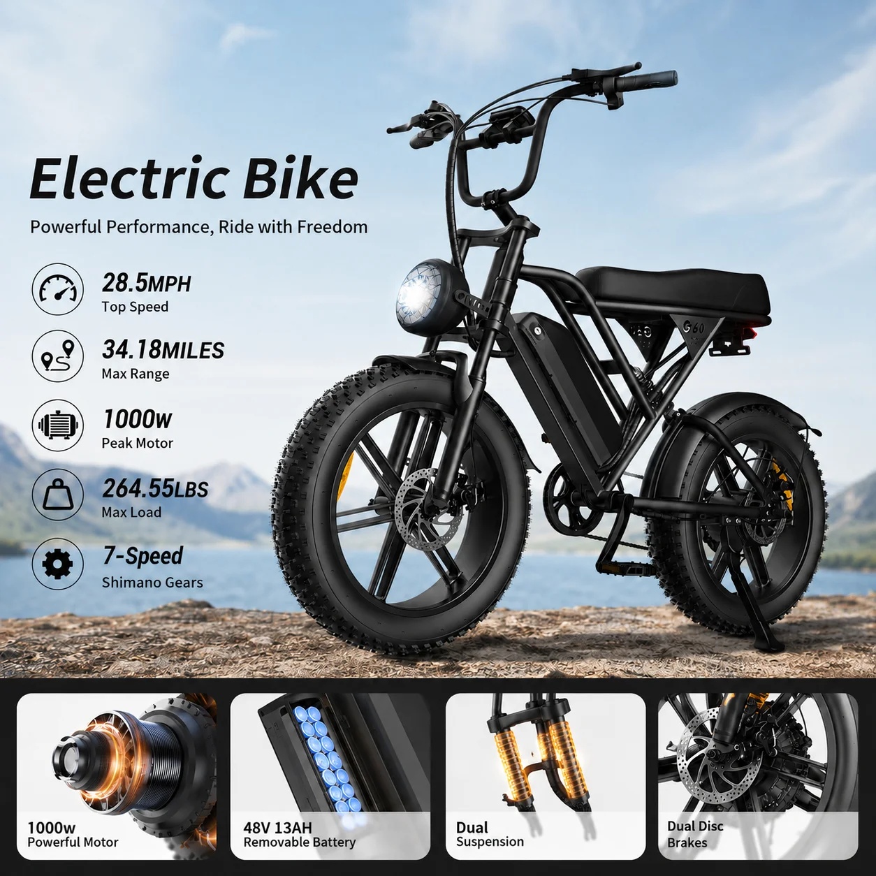 20" Fat Tire Electric Bike 1000W 48V 13Ah 28.5MPH Max Speed 34.18 Miles Range Dual Suspension 7 Speed Adult All Terrain E Bike
20" Fat Tire Electric Bike 1000W 48V 13Ah 28.5MPH Max Speed 34.18 Miles Range Dual Suspension 7 Speed Adult All Terrain E Bike