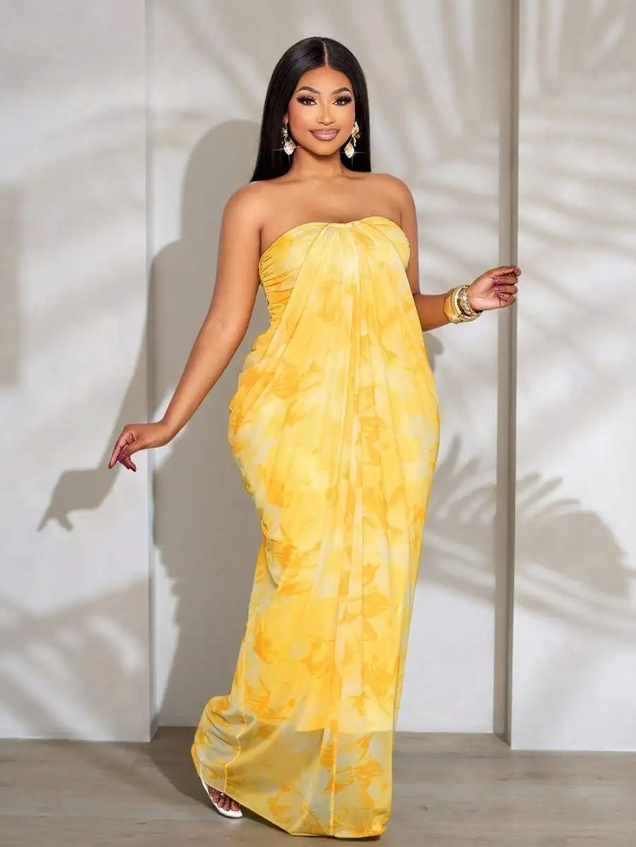 Womens Yellow Strapless Maxi Dress With Ruched Detail Chiffon Fabric
Womens Yellow Strapless Maxi Dress With Ruched Detail Chiffon Fabric
