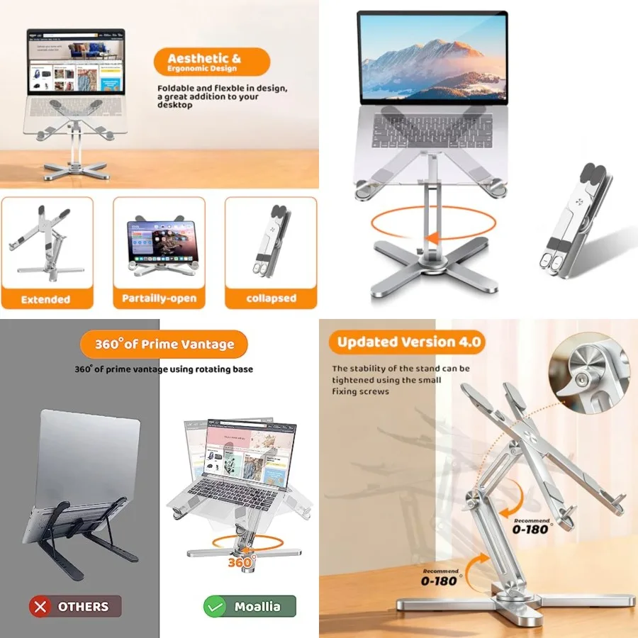 Laptop Stand with 360 Rotating Base, Computer Notebook Laptop Riser Metal Holder for Desk Collaborative Work, Fully Foldable fo