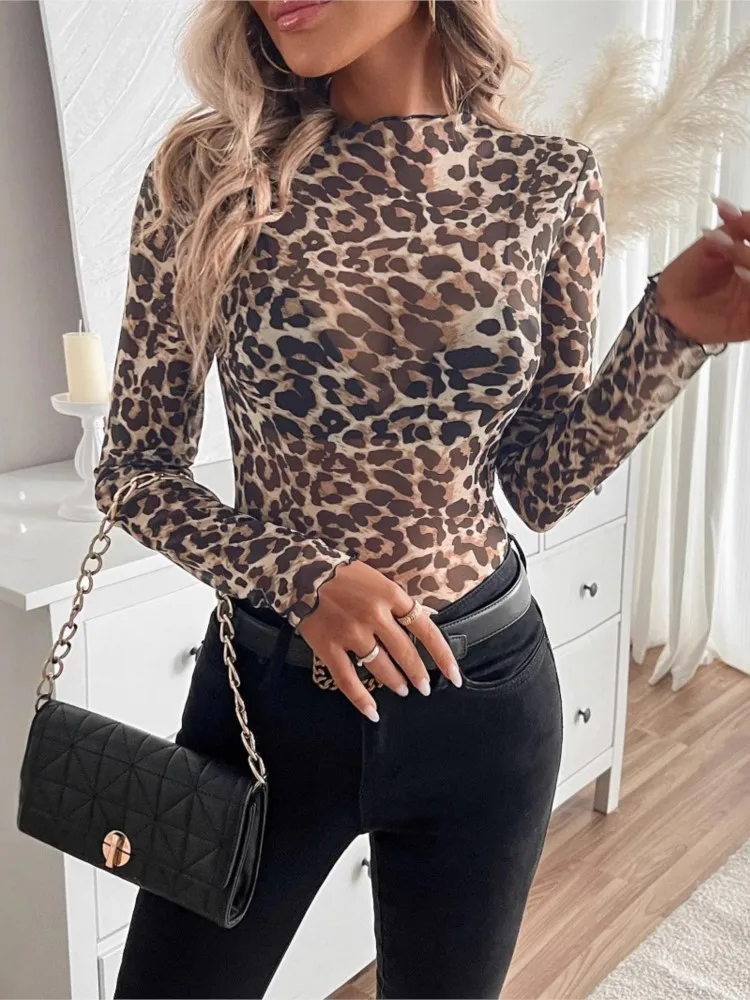 Sexy Leopard Print Slim T-shirt For Women Long Sleeve Stand Collar Bodycon Tshirts Tops Female Autumn Elegant Office Lady Tshirt
Sexy Leopard Print Slim T-shirt For Women Long Sleeve Stand Collar Bodycon Tshirts Tops Female Autumn Elegant Office Lady Tshirt