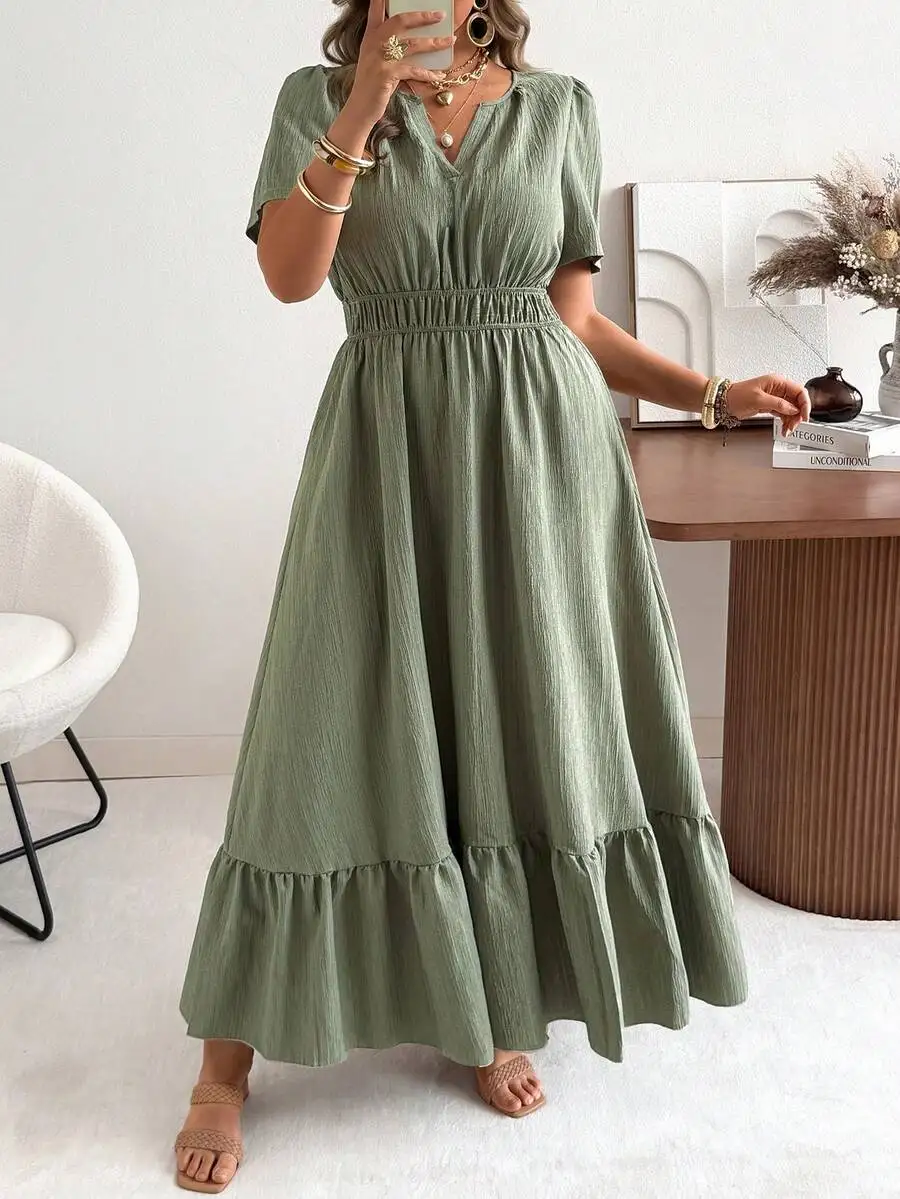 Plus Size Sage Green Woven A-Line Maxi Dress With V-Neck Short Sleeve Shirred Waist And Ruffle Hem
Plus Size Sage Green Woven A-Line Maxi Dress With V-Neck Short Sleeve Shirred Waist And Ruffle Hem