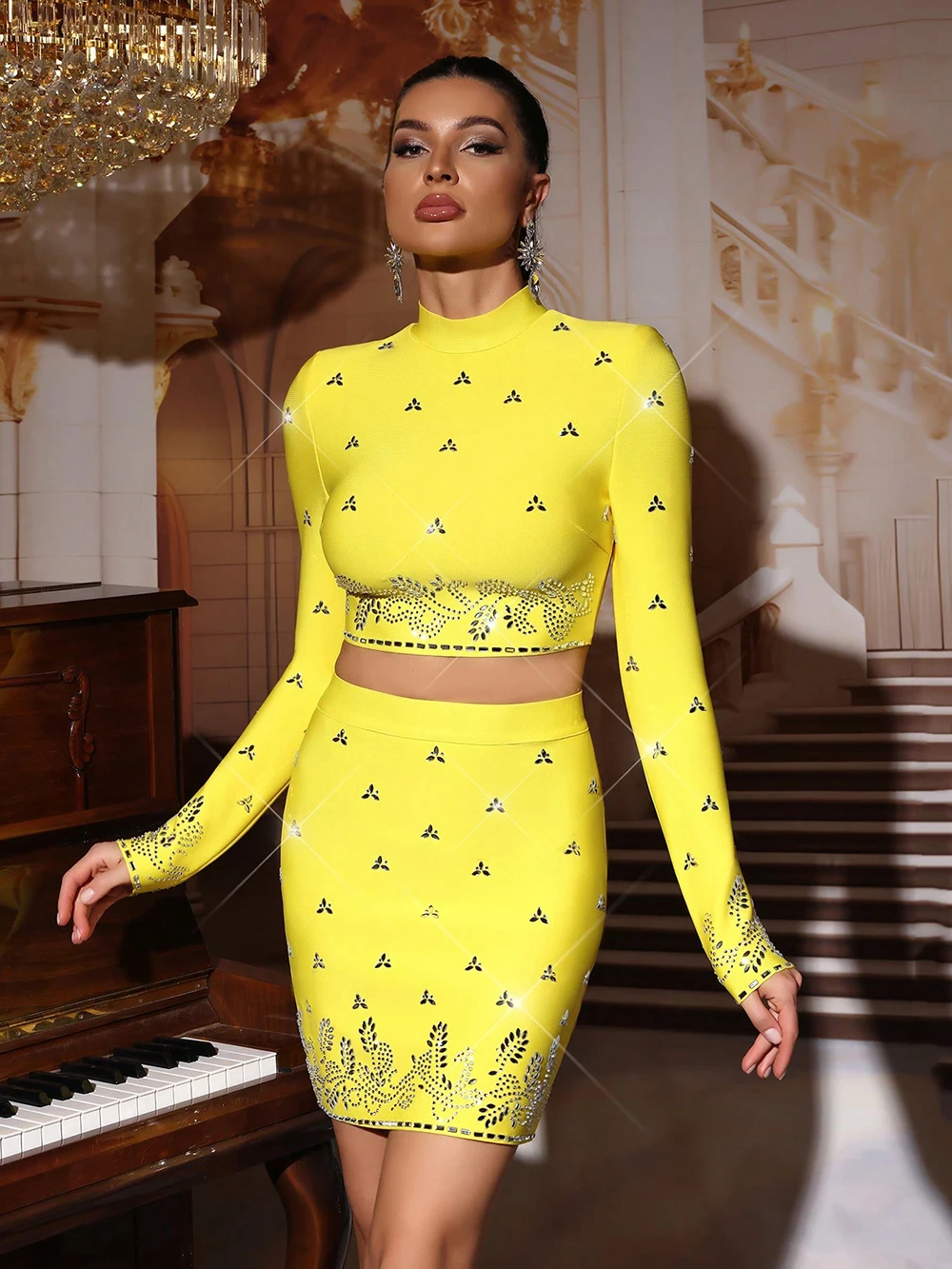 Modphy Black Yellow Rhinestone Bandage Two-Piece Set Women Long Sleeve Sexy Short Tops Bodycon Skirt Mini Sets Fashion Outfit
Modphy Black Yellow Rhinestone Bandage Two-Piece Set Women Long Sleeve Sexy Short Tops Bodycon Skirt Mini Sets Fashion Outfit