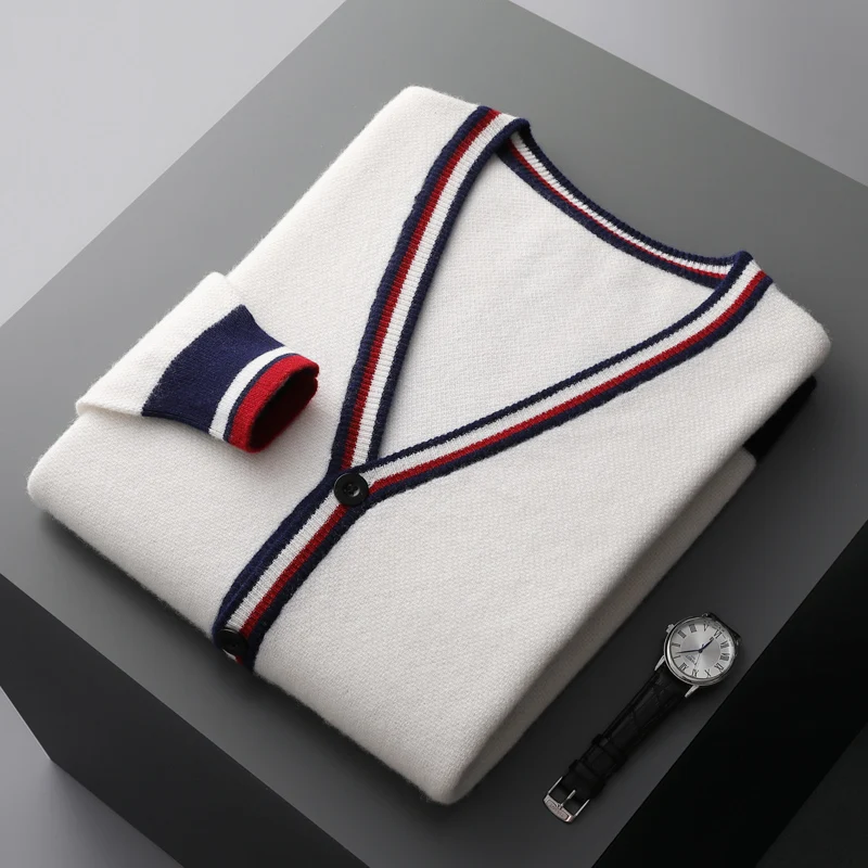 100% Merino Wool Knitted Jacket Men's V-Neck Color Matching Striped Cardigan Fashion Jacquard Large size Coat Autumn Base Shirt
100% Merino Wool Knitted Jacket Men's V-Neck Color Matching Striped Cardigan Fashion Jacquard Large size Coat Autumn Base Shirt