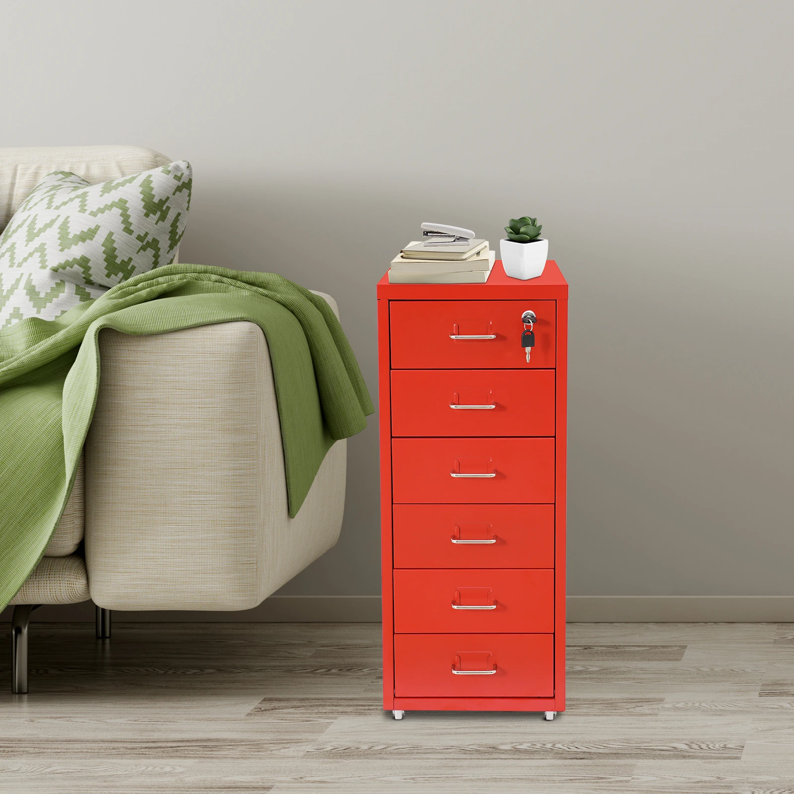 Modern Red Lockable File Cabinet, Smooth Surface & Round Edges For Multi-Purpose Storage, Home Office Refinement