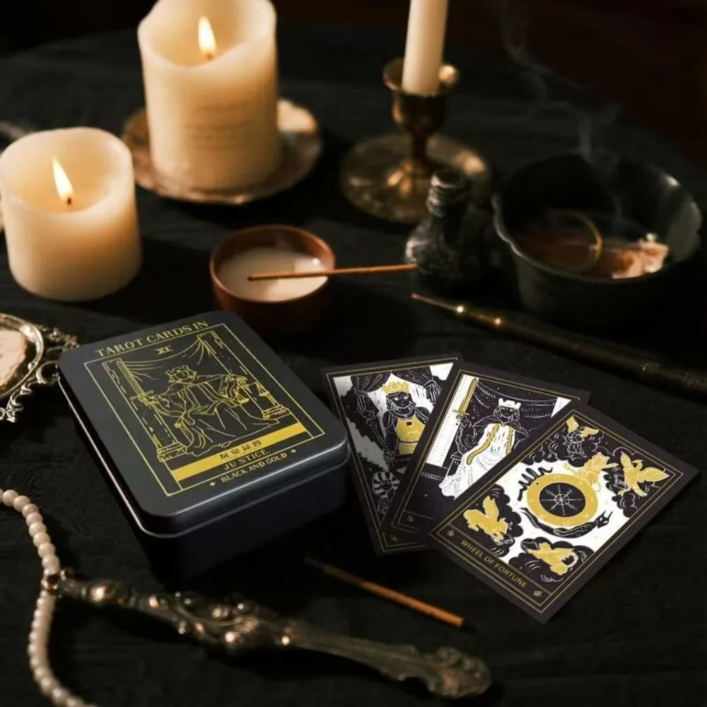 10*6cm Mystic Noir Elegant Black & Gold Tarot Deck, Full 78-Card Set in Metal Tin, Travel-Size Deck for Wisdom and Guidance
10*6cm Mystic Noir Elegant Black & Gold Tarot Deck, Full 78-Card Set in Metal Tin, Travel-Size Deck for Wisdom and Guidance