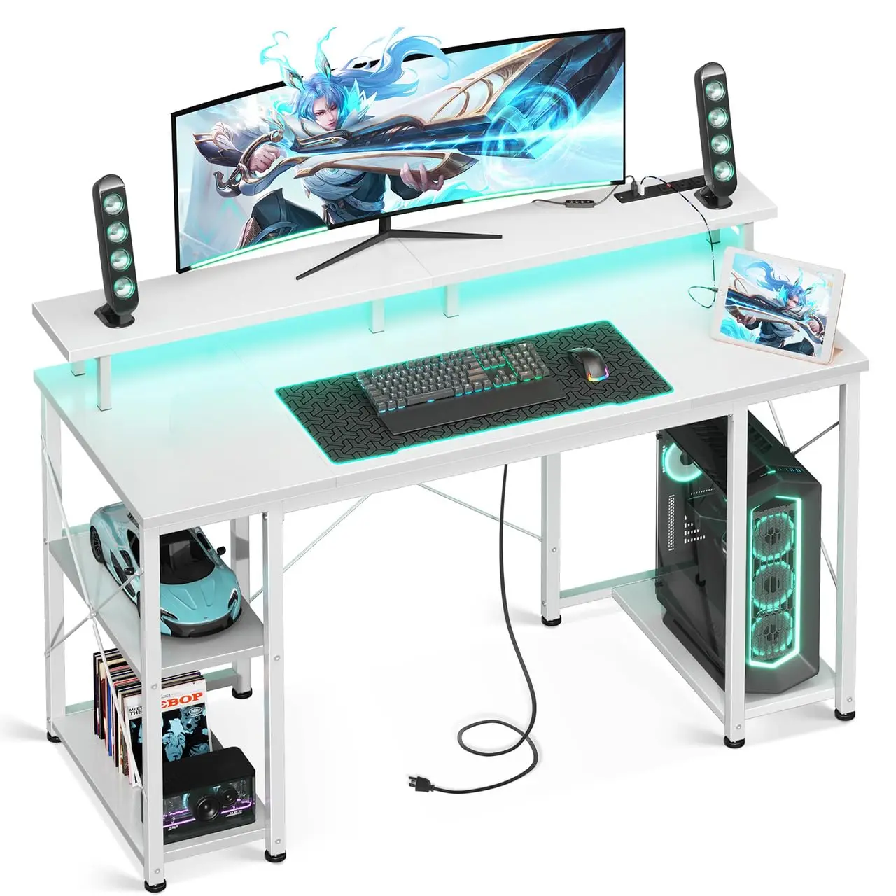 48in Gaming Desk LED Lights Power Outlets Monitor Stand Storage Shelves CPU Stand Home Office White Customized
48in Gaming Desk LED Lights Power Outlets Monitor Stand Storage Shelves CPU Stand Home Office White Customized