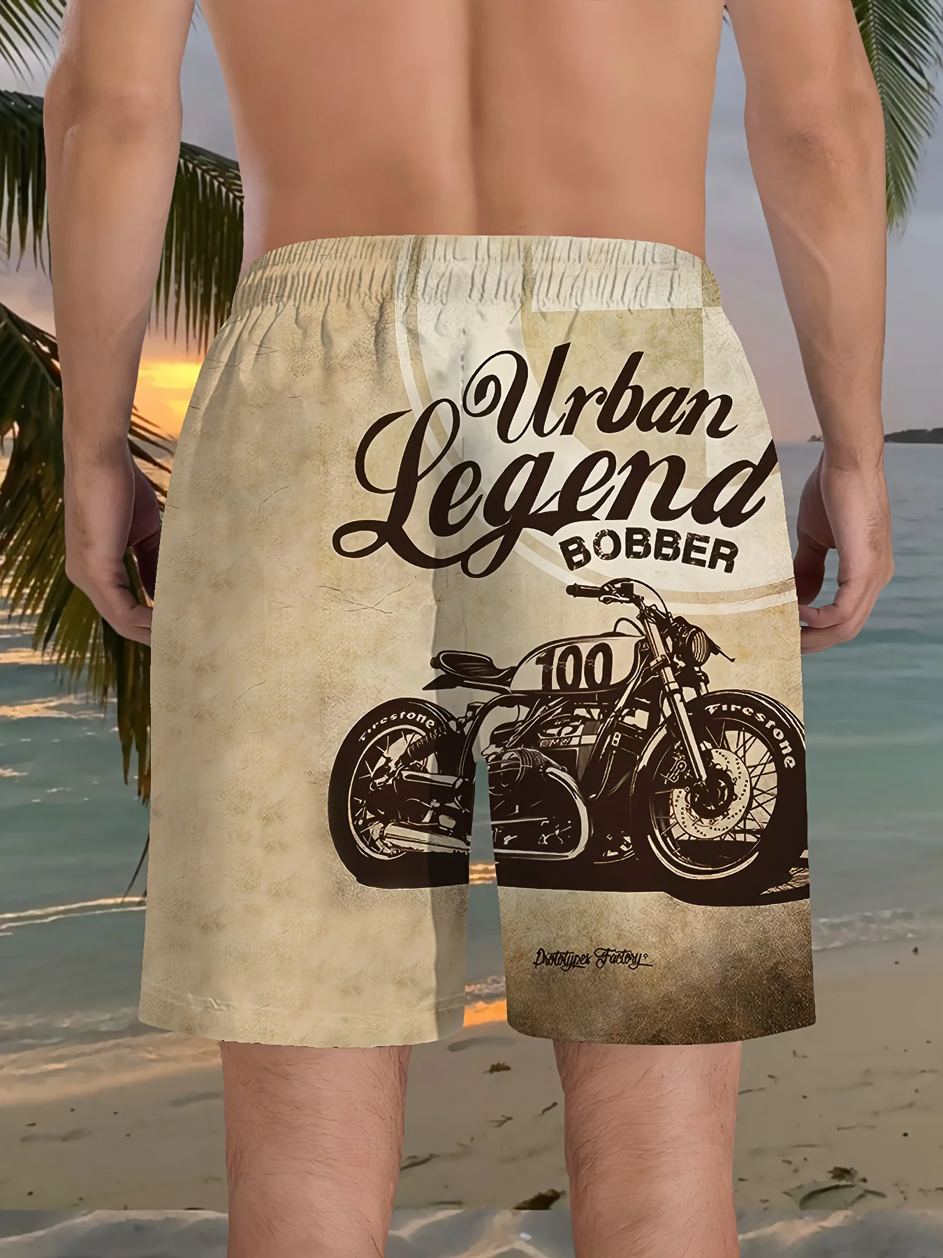 Men's casual khaki beach shorts with 'URBAN LEGEND BOBBER' motorcycle print, adjustable drawstring waistline
Men's casual khaki beach shorts with 'URBAN LEGEND BOBBER' motorcycle print, adjustable drawstring waistline