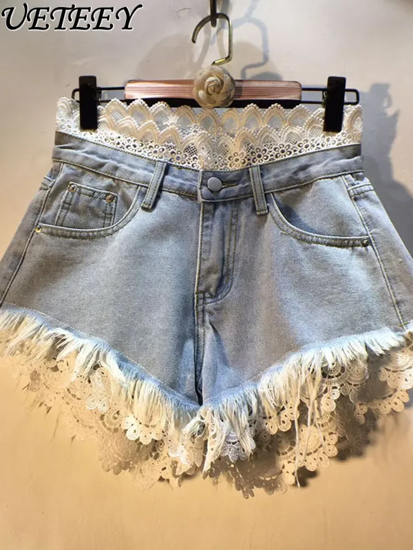 European Station 2025 Summer New Splicing Hook Lace High Waist Short Jeans Thin Burr Denim Shorts Loose Hot Pants for Women
European Station 2025 Summer New Splicing Hook Lace High Waist Short Jeans Thin Burr Denim Shorts Loose Hot Pants for Women