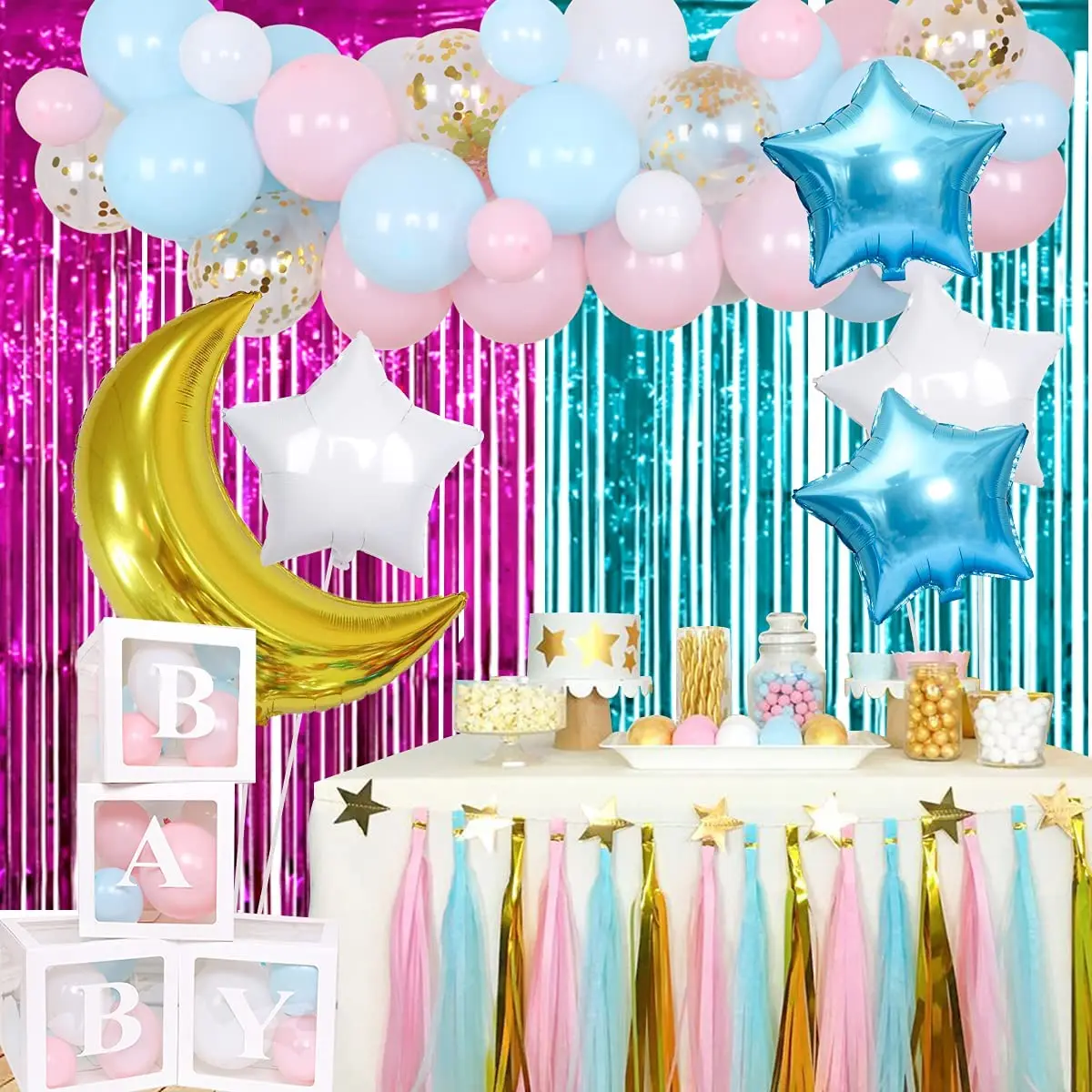 Twinkle Twinkle Little Star Baby Shower Decorations Moon Star Balloon Garland Balloon Boxes Curtain for Gender Reveal Party
Twinkle Twinkle Little Star Baby Shower Decorations Moon Star Balloon Garland Balloon Boxes Curtain for Gender Reveal Party